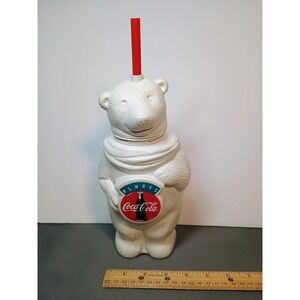 Vintage Coca-Cola White Polar Bear Sipper Cup w Straw Hanson Canada Red Straw